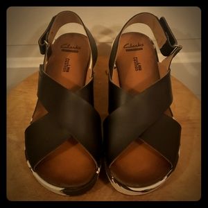NWT Black Leather Clark's Wedges